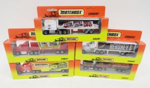 Five boxed Matchbox Convoy diecast models to include Pepsi Lorry, Matchbox, Harley-Davidson,
