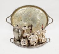 Large 20th century silver plated twin-handled serving tray and another tray with galleried border, a