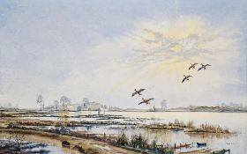 Roger Vick (1938-2009) Oil on canvas Wetland landscape with duck alighting, signed and dated '72