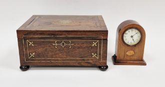 19th century rosewood and brass inlaid box with brass handles, raised on turned bun feet, 32cm wide,