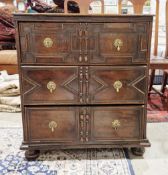 17th century oak chest of three long mitre moulded drawers of small proportions with two panel sides