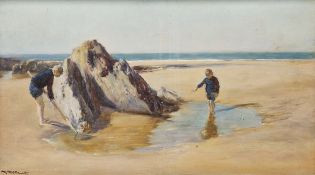John White RBA RI (Scottish, 1851-1933) Oil on panel Children playing in rock pool, signed lower