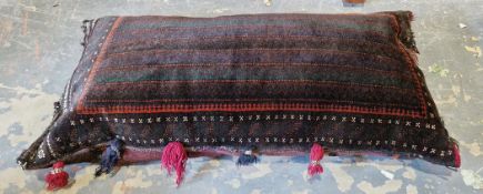 Afghan large cushion, hand knotted, green, rust, brown and cream throughout, tassels in navy and