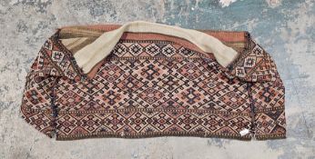 Afghanistan antique table cover/chest cover, woven kilim in blue, brown, cream and pink, 97cm x 50cm