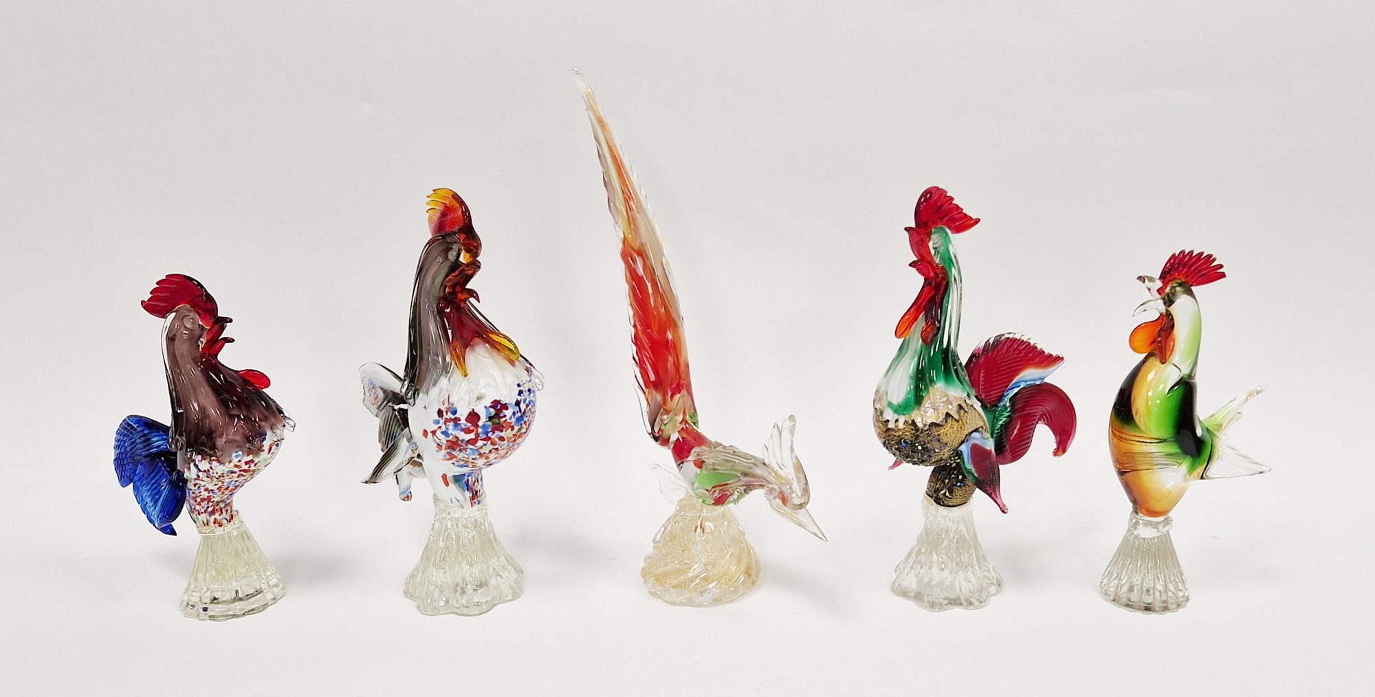 Five Murano-style glass models of birds, comprising: four cockerels and a cockerel/pheasant, all