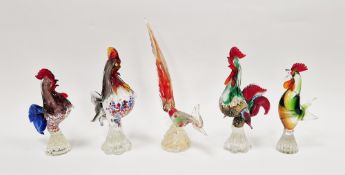 Five Murano-style glass models of birds, comprising: four cockerels and a cockerel/pheasant, all