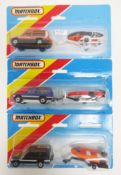Three carded Matchbox Superfast diecast twin packs, all TP-110 Matra Rancho and speed boat on