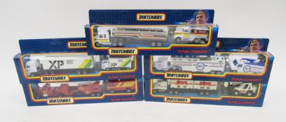 Five boxed Matchbox Team Convoy diecast models to include TC 1 Fire set, TC 2 Tanker set, TC 4 Cargo