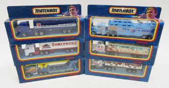 Six boxed Matchbox Convoy diecast models to include CY 15 Peterbilt Tracking Vehicle, CY 16 Scania