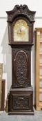 Early 20th century longcase tube chime clock of large proportions, the stained oak case heavily