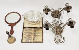 Mixed lot including a pair of metal double branch wall light fittings with glass bead and crystal