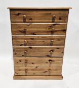 Modern pine chest of six long drawers raised on a plinth base, 79cm wide x 44cm deep x 114cm high