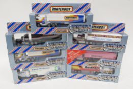 Seven boxed Matchbox Convoy diecast models to include CY 16 Scania Box Truck, CY 19 Box Car, CY 8