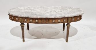 Reproduction French Louis XIV-style marble-topped coffee table of oval form, the base set with