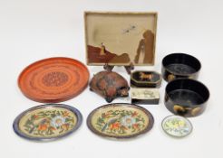 Collection of lacquer ware including two black and gilt Regency-style wine coasters, 14cm