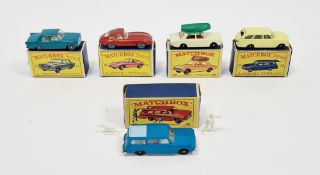 Five boxed Matchbox Series by Lesney diecast model cars to include No.32 'E' Type Jaguar, No.33 Ford