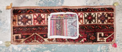 Afghanistan tribal salt bag, antique, red, blue and cream, hand made and hand sewn trim leather,