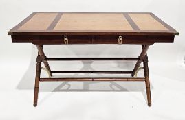 Modern hardwood campaign-style writing desk with tan leather inset top, brass capped corners, two