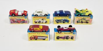 Six boxed Matchbox Superfast diecast model cars to include No.13 Dodge Wreck Truck, No.14 Iso Grifo,