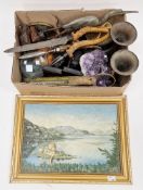 Mixed lot of collectable items including antler-handled carving knife and fork, a horn-handled