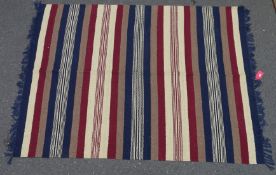 Contemporary striped kilim rug in blue, mushroom, red and ivory, 244cm x 179cm