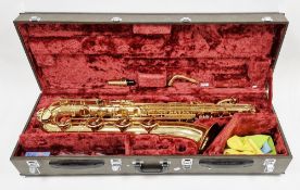 Yamaha baritone or bass saxophone, yellow brass, model number YBS-62, serial number 040512, in