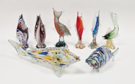 Collection of Murano-style glass models of fish, including splatter, aventurine examples, raised