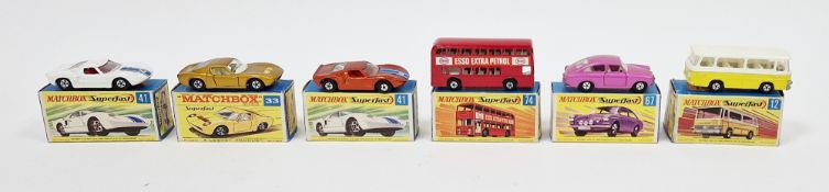 Six boxed Matchbox Superfast diecast model cars to include No.12 Setra Coach, No.33 Lamborghini Mira