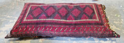 Afghan large hand knotted cushion, black with red lozenge type symbols with borders in red, cream