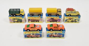 Six boxed Matchbox Superfast diecast model cars to include No.1 Mercedes Truck, No.2 Mercedes
