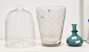 An engraved glass domed cloche, engraved with fruiting vine, a 19th century green-tinted small