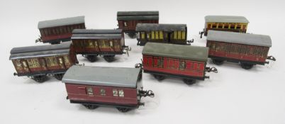 Nine various Hornby passenger coaches to include LMS 'Marjorie' and guards vans