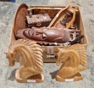 Mixed lot of treen and wooden items including a pair of carved wooden horse heads, 41cm high, a