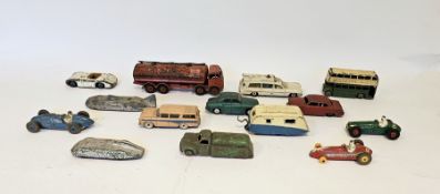 Collection of Dinky loose playworn diecast vehicles including Thunderbolt, Vanguard, Austin A30,