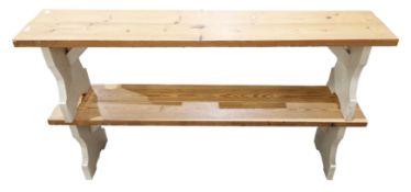 Pair of substantial pine benches, handmade in Moreton on the Marsh, with white painted supports,