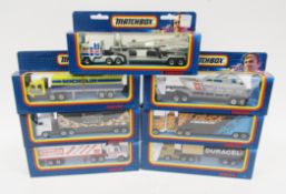 Seven boxed Matchbox Convoy diecast models to include CY 16 Scania Box Truck, CY 24 DAF Box Car,