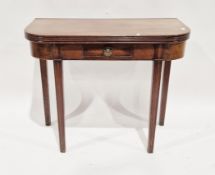 Early 19th century mahogany fold-over tea table with reeded rounded corners, single frieze drawer