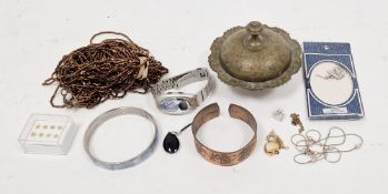 Broken 9ct gold chain and a selection of costume jewellery including beads, bangles, necklace