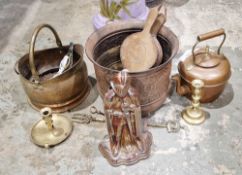 Mixed lot of metalware including a copper kettle, a companion set in the form of a knight, a metal