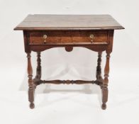 18th century oak side table, the top with moulded edge, single frieze drawer with brass drop