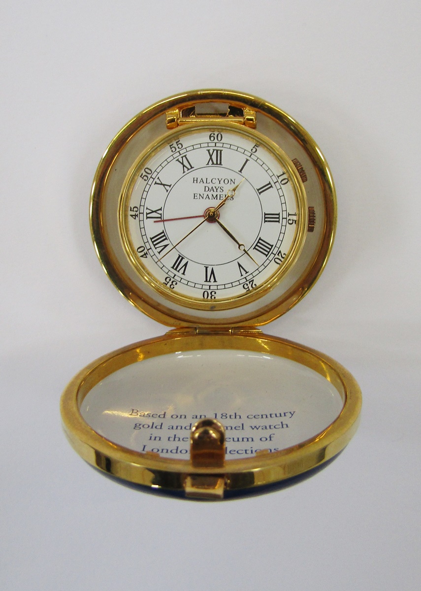 Halcyon Days travelling clock, blue and gold enamel, a similar trinket box, a white lidded pot - Image 16 of 34