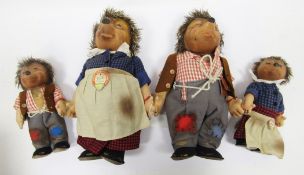 Two pairs of Steiff Mecki and Micki hedgehogs, one pair 25cm high and the other pair 17cm high,