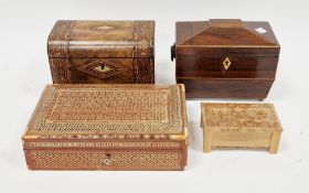 Victorian rosewood sarcophagus-shaped tea caddy with twin brass handles, raised on bun feet a late