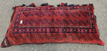Tasselled large Afghan cushion, hand knotted, unusual buttoned detail edge of border, red, blue,