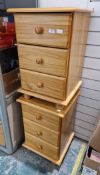 Pair of modern pine bedside cabinets, each with three drawers and wooden handles, 40cm wide x 41cm
