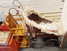 Replica Victorian wicker doll's pram with wrought iron frame (81cm long x 90cm high) and Adora