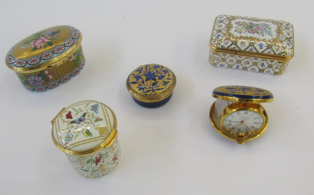 Halcyon Days travelling clock, blue and gold enamel, a similar trinket box, a white lidded pot