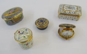 Halcyon Days travelling clock, blue and gold enamel, a similar trinket box, a white lidded pot