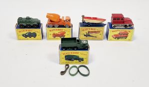 Five boxed Matchbox Series by Lesney diecast model cars to include No. 26 Cement Lorry, No.35 Snow-