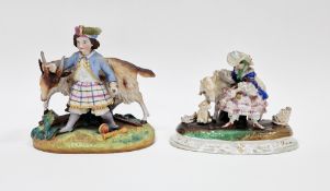 19th century French biscuit porcelain group of a youth leading a goat, matt-glazed, wearing a plumed